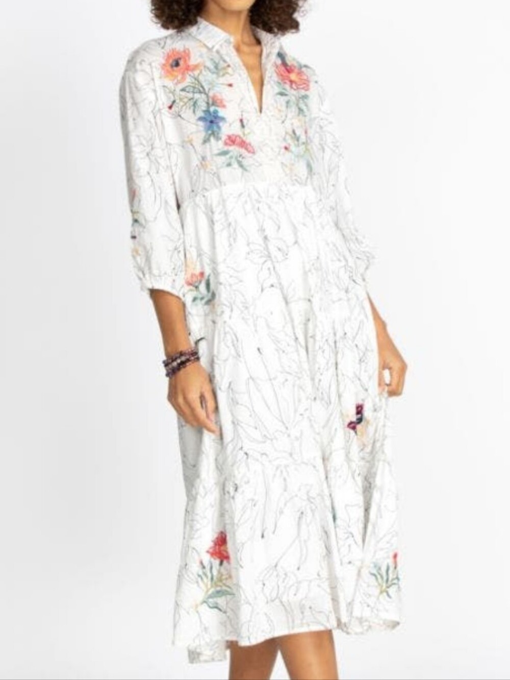 Johnny Was White Tiered Wanderer Floral Embroidered Midi Dress Size Medium, NWOT